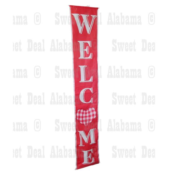 Vertical Welcome Banner – Red with Checkered Heart, Lighted Down The Sides - Picture 1 of 10